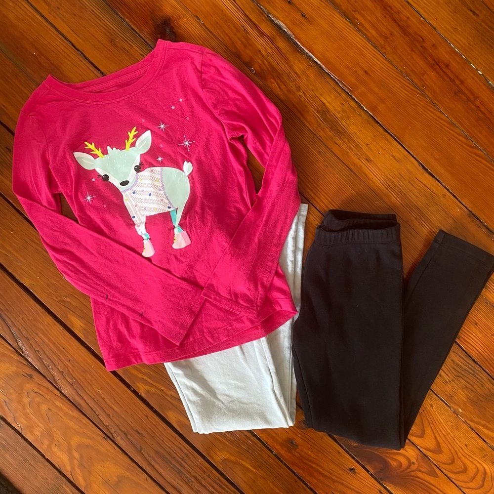 🧩 3/$20 Cat & Jack Pink Reinder Long Sleeve Shirt & 2 leggings Size Medium (8)